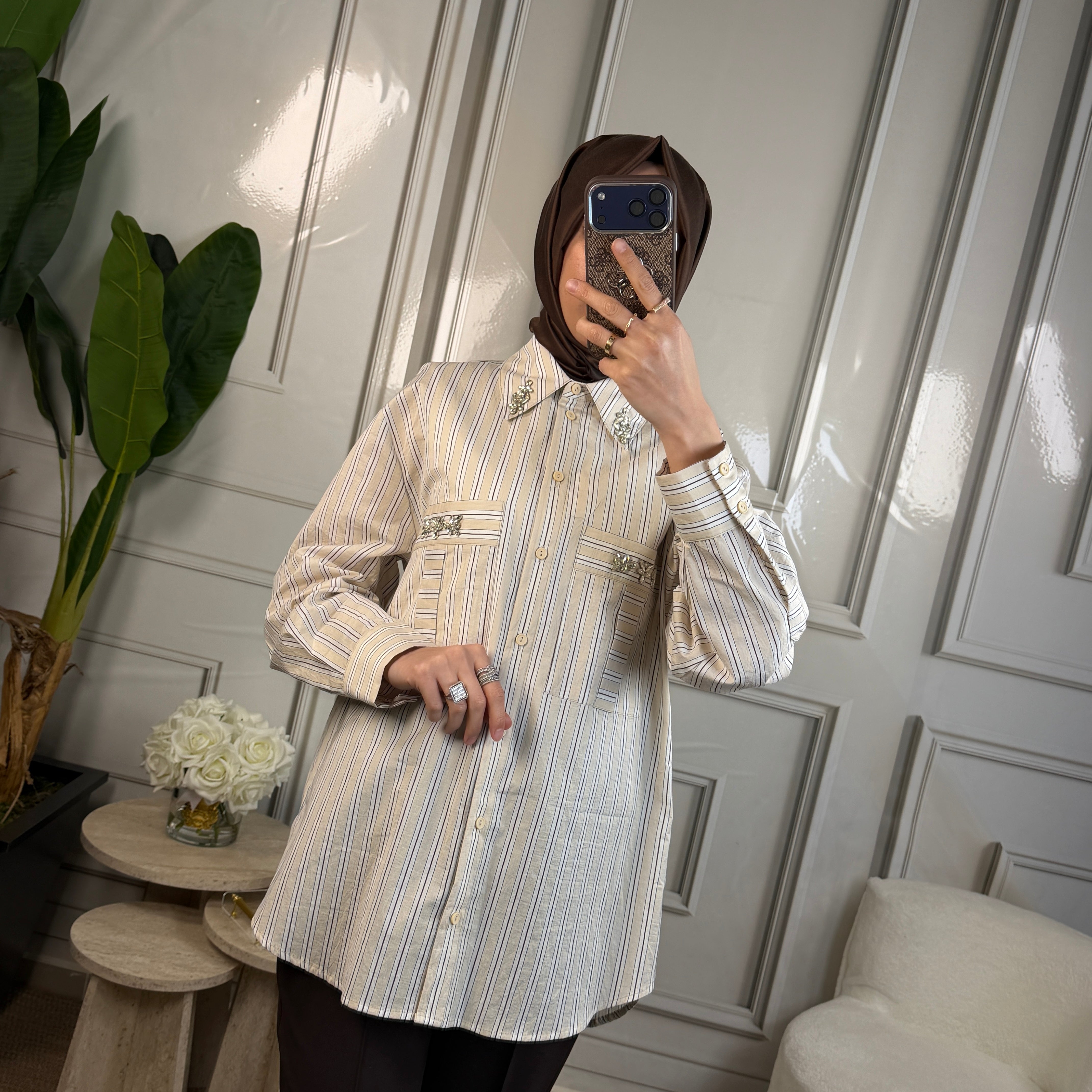 Clande Çizgili Taşlı Gömlek